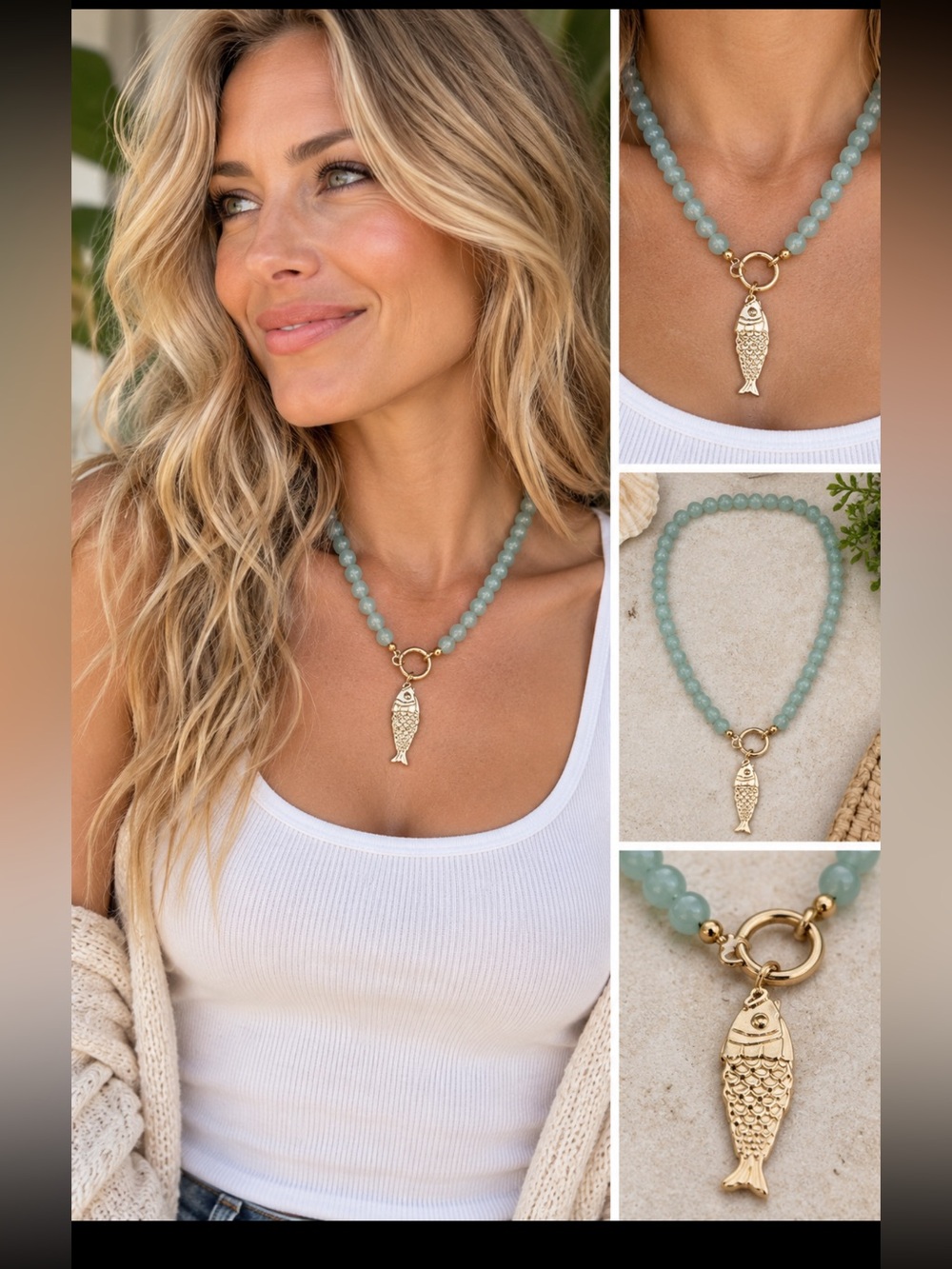 Turquoise Beaded Boho Necklace with Fish Pendant